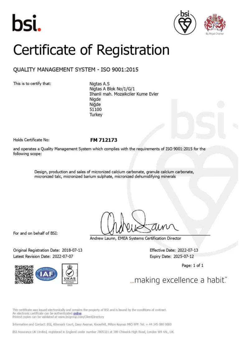 certification of registeration of Nigtas. ISO 9001:2015